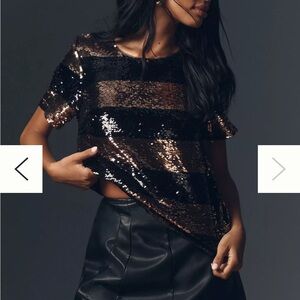 Mauve Black and Gold Sequin Short Sleeve Top - Anthropologie